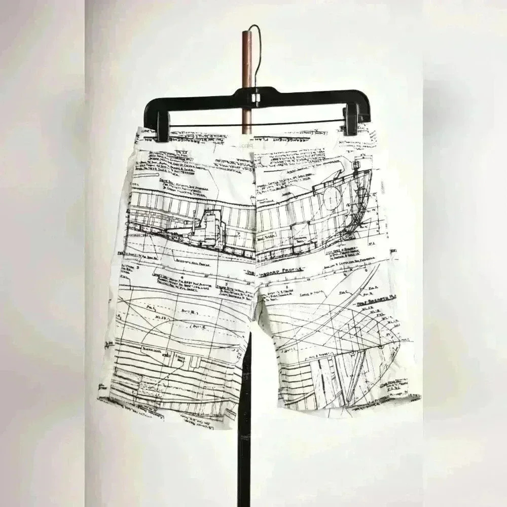 ONIA White Black  Blueprint Architect Drawing Swim Trunk Shorts 29W